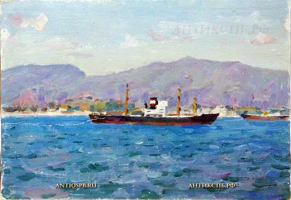 142. Картина "На рейде". Картон, масло.  Художник: Бантиков А. С. СССР. Сер. XX века.